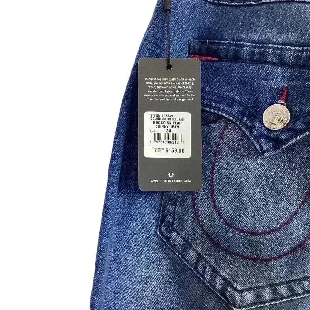 True Religion Rocco Men 38 Relaxed Skinny Jeans Blue Stretch Flap Pockets NEW